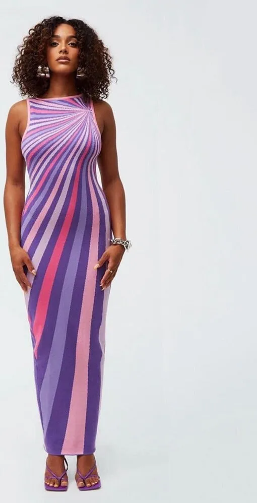 Y2K Striped Print Maxi Dress Women Elegant Colorful Print Sleeveless O-neck Slim Robe Female Midnight Attirewear Clothing