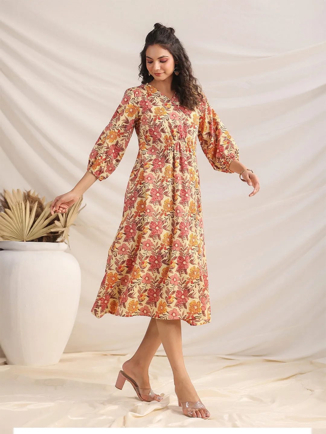 Yellow Cambric Floral Printed Gathered Dress