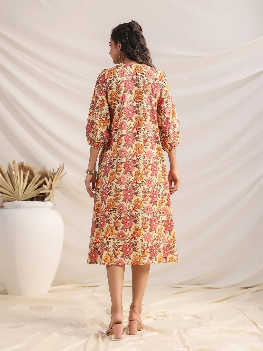 Yellow Cambric Floral Printed Gathered Dress