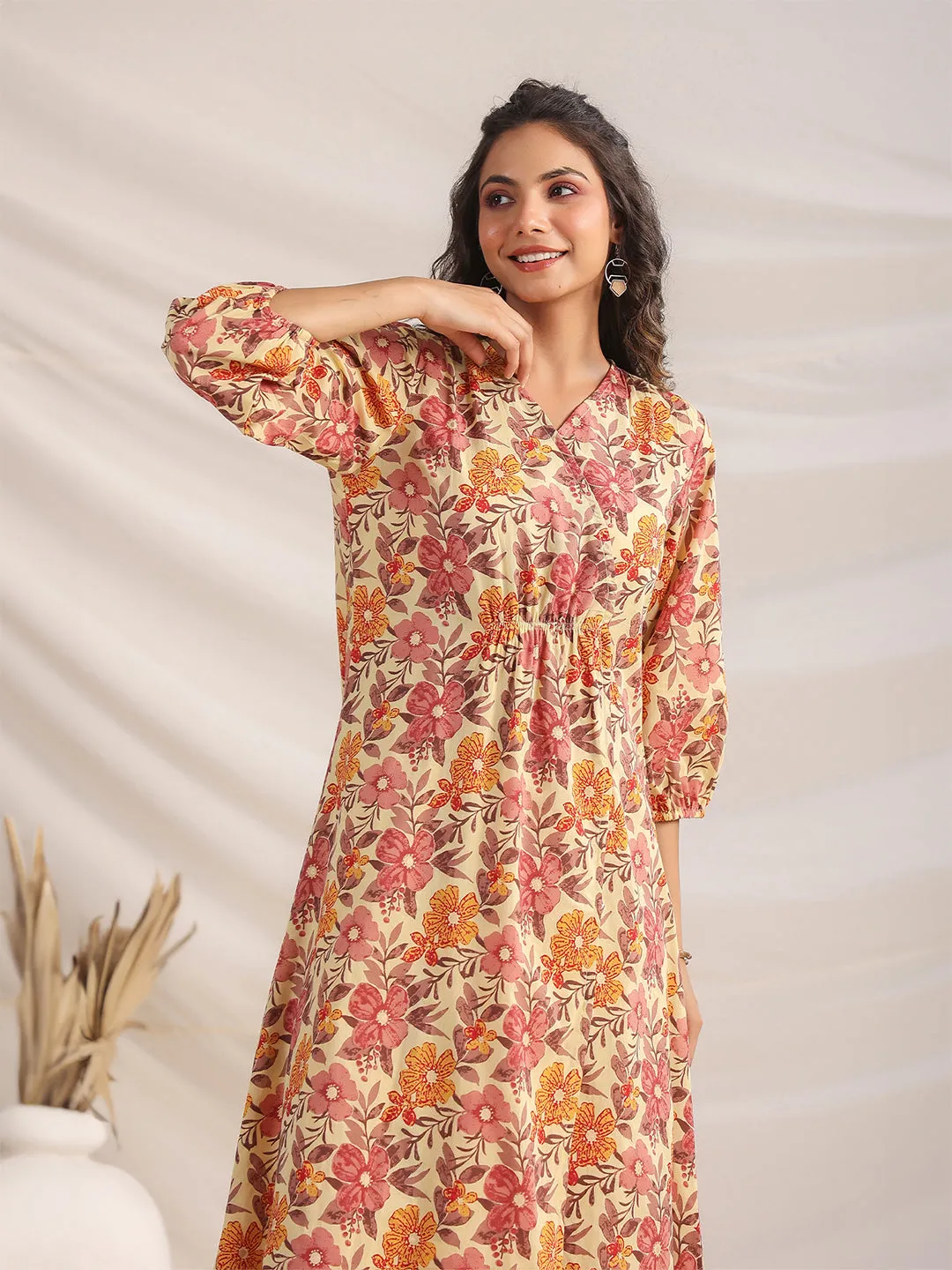 Yellow Cambric Floral Printed Gathered Dress