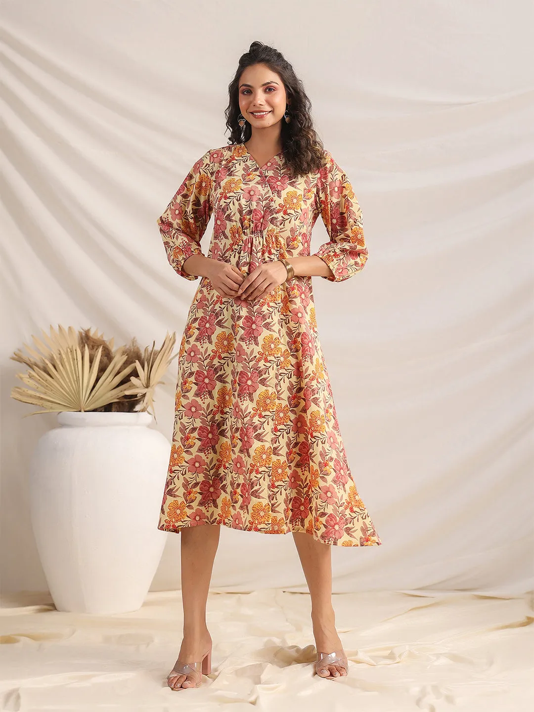 Yellow Cambric Floral Printed Gathered Dress