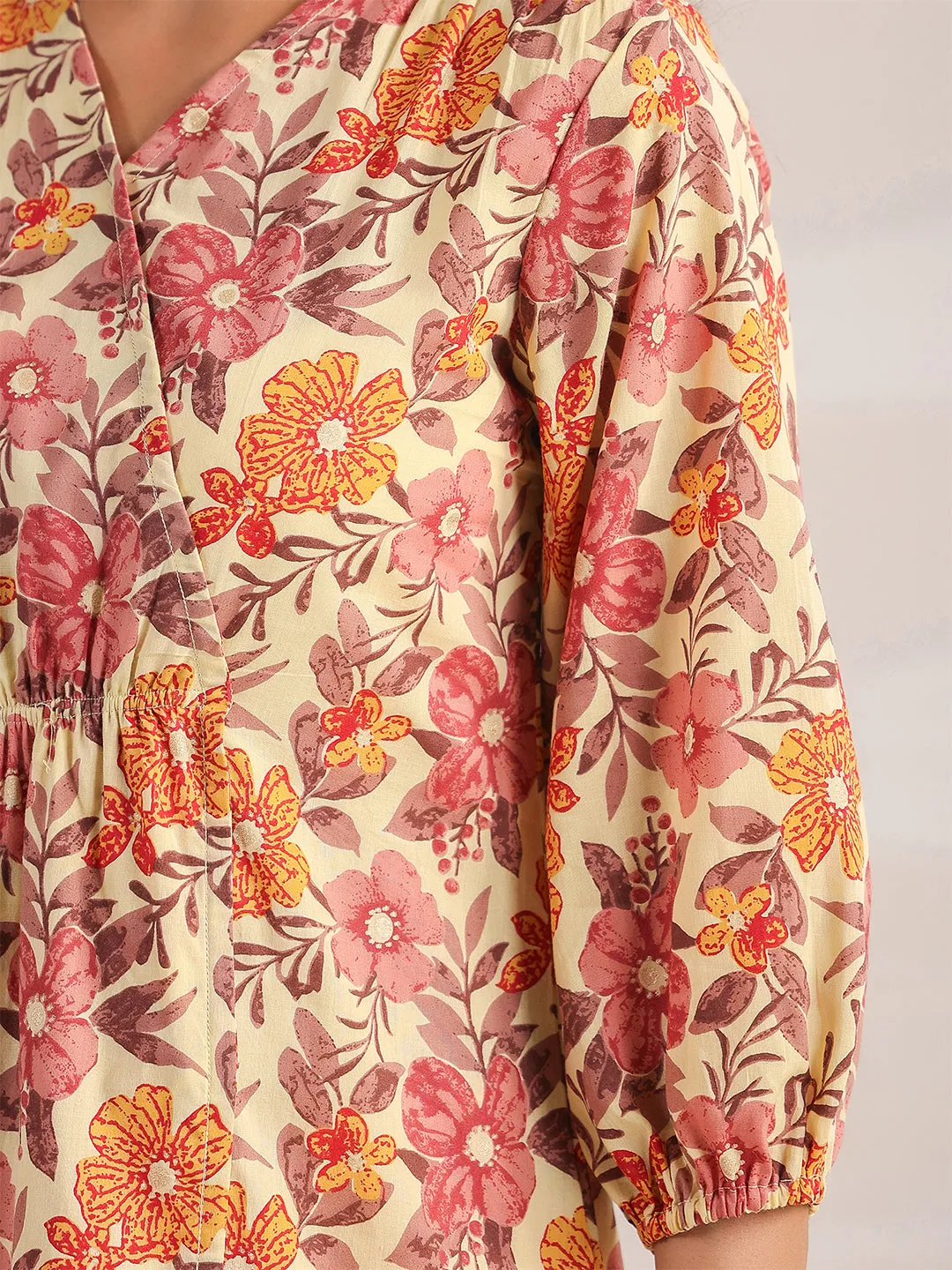 Yellow Cambric Floral Printed Gathered Dress