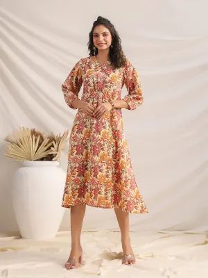 Yellow Cambric Floral Printed Gathered Dress