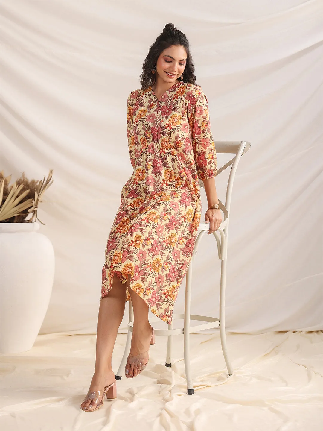 Yellow Cambric Floral Printed Gathered Dress