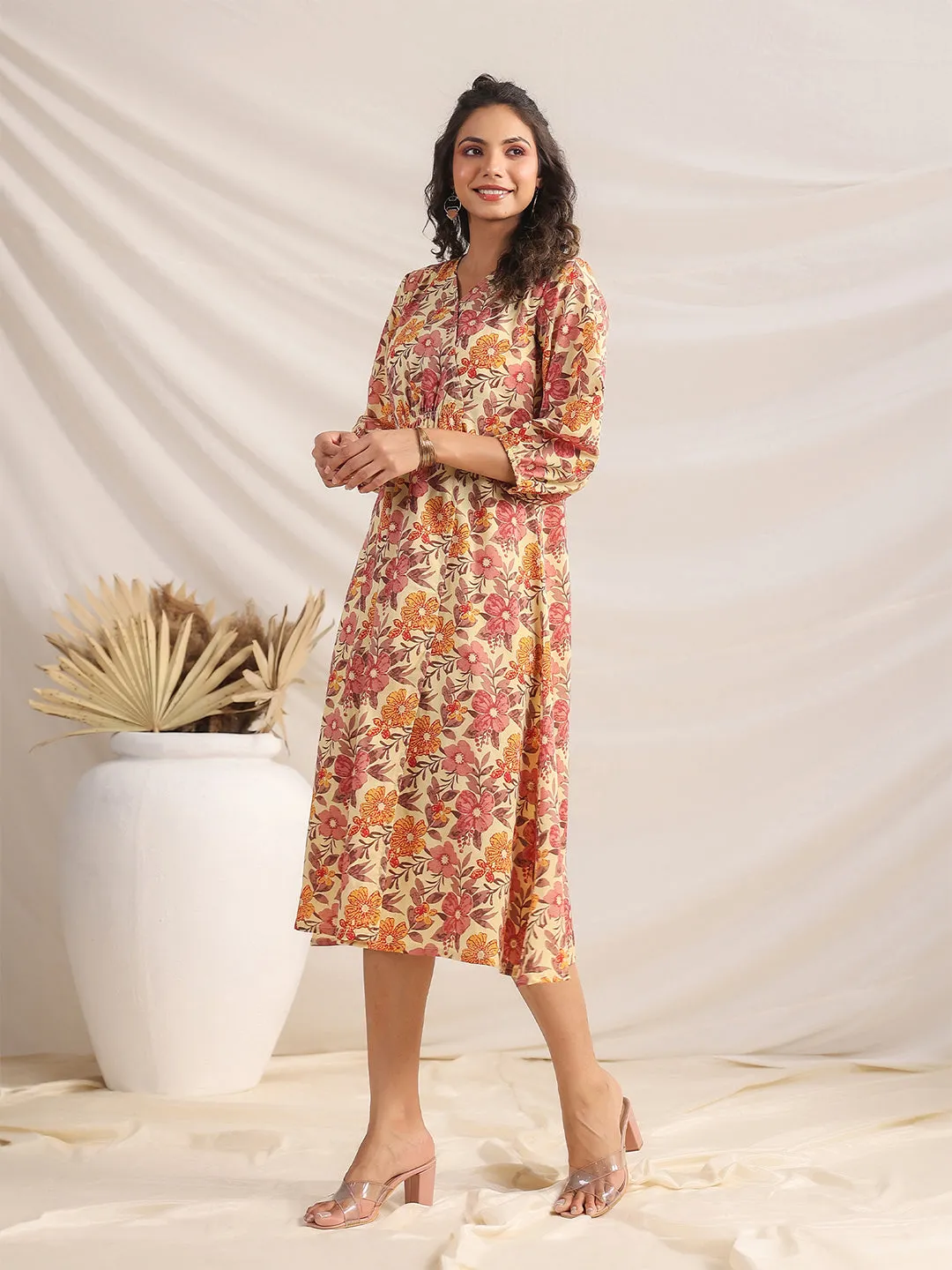 Yellow Cambric Floral Printed Gathered Dress
