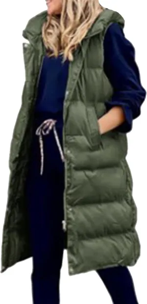 YMING Womens Winter Long Puffer Vest Sleeveless Solid Color Vest Coats Puffy Jacket with Hood