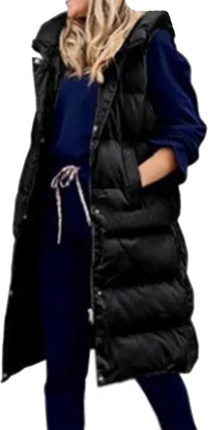 YMING Womens Winter Long Puffer Vest Sleeveless Solid Color Vest Coats Puffy Jacket with Hood