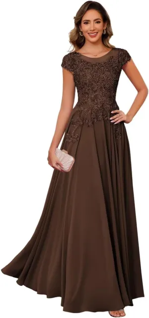 YMSHA Lace Mother of The Bride Dresses with Sleeves A Line Crew Neck Formal Evening Dress YMS379