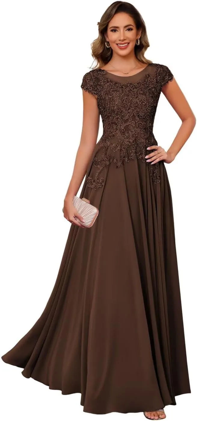YMSHA Lace Mother of The Bride Dresses with Sleeves A Line Crew Neck Formal Evening Dress YMS379