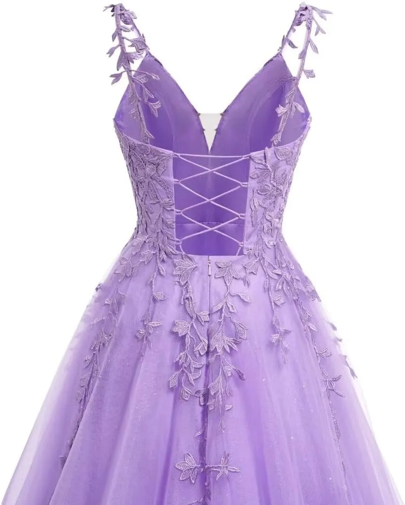 YMSHA V Neck Tulle Prom Dresses 2025 Long Sparkly Lace Formal Party Dress YMS23