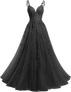 YMSHA V Neck Tulle Prom Dresses 2025 Long Sparkly Lace Formal Party Dress YMS23