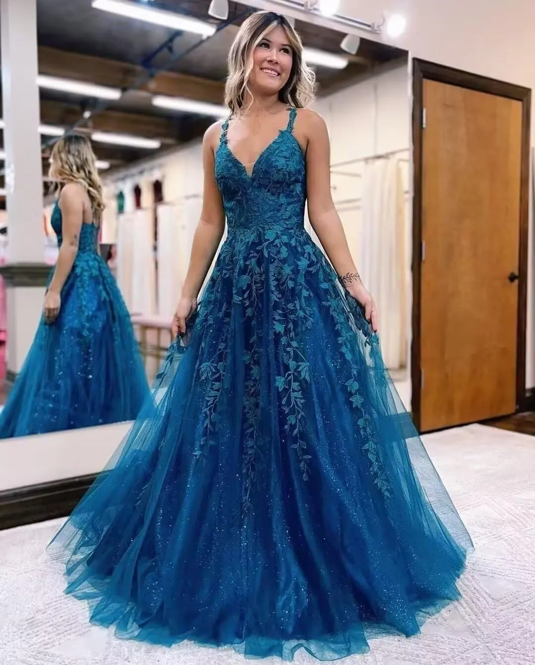 YMSHA V Neck Tulle Prom Dresses 2025 Long Sparkly Lace Formal Party Dress YMS23