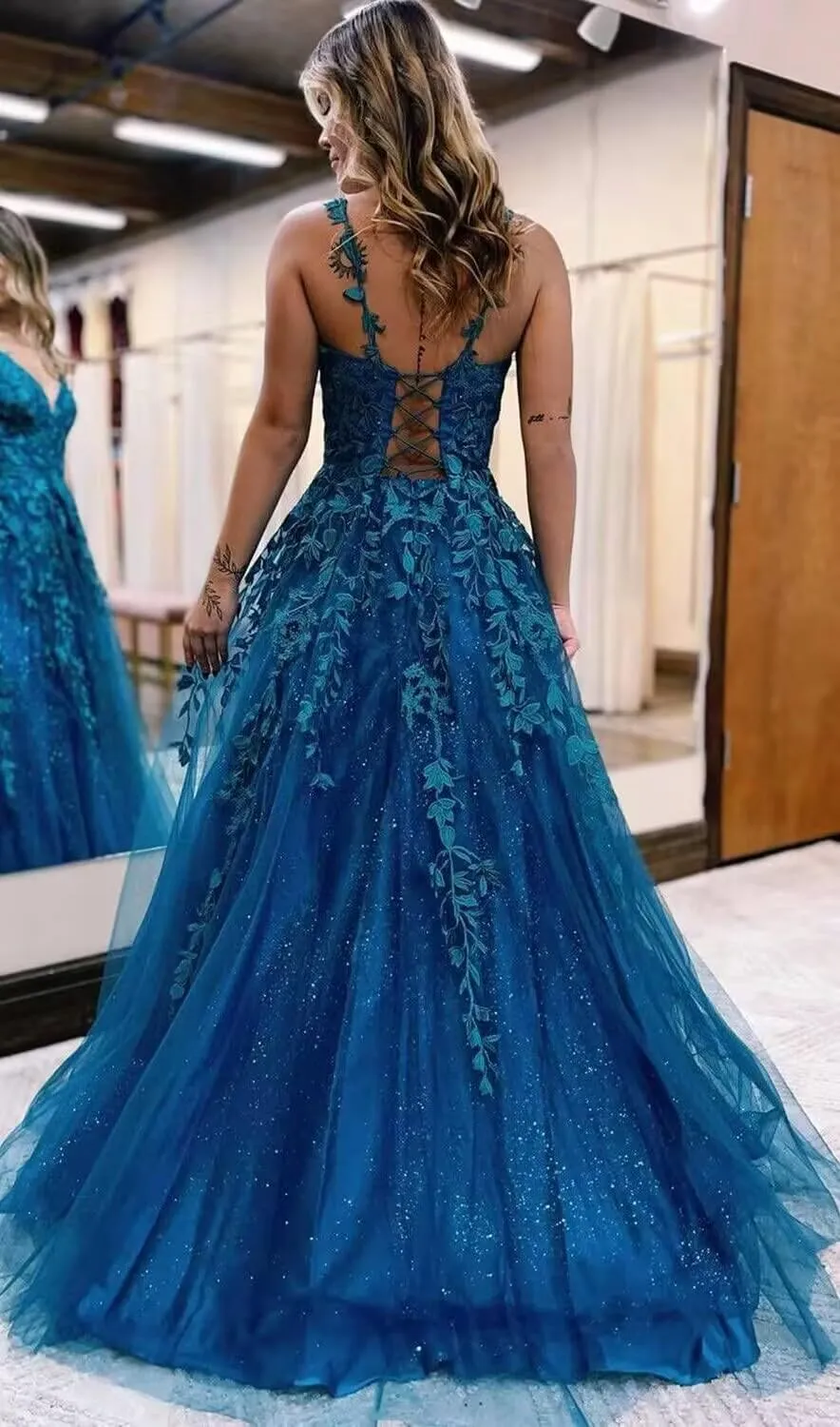 YMSHA V Neck Tulle Prom Dresses 2025 Long Sparkly Lace Formal Party Dress YMS23