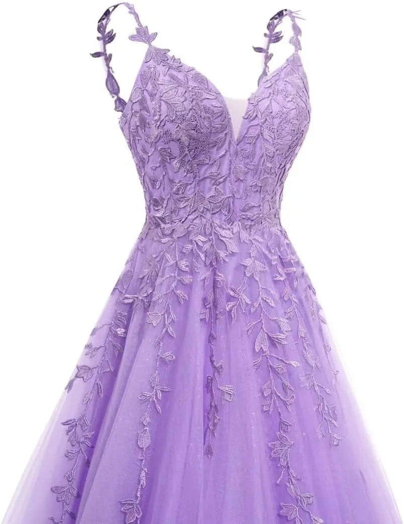 YMSHA V Neck Tulle Prom Dresses 2025 Long Sparkly Lace Formal Party Dress YMS23