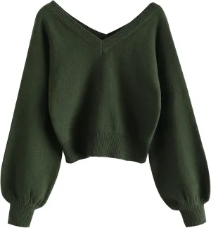 ZAFUL Women's Cropped Sweater V-Neck Long Sleeve Crop Sweater Pullover Jumper Knit Top
