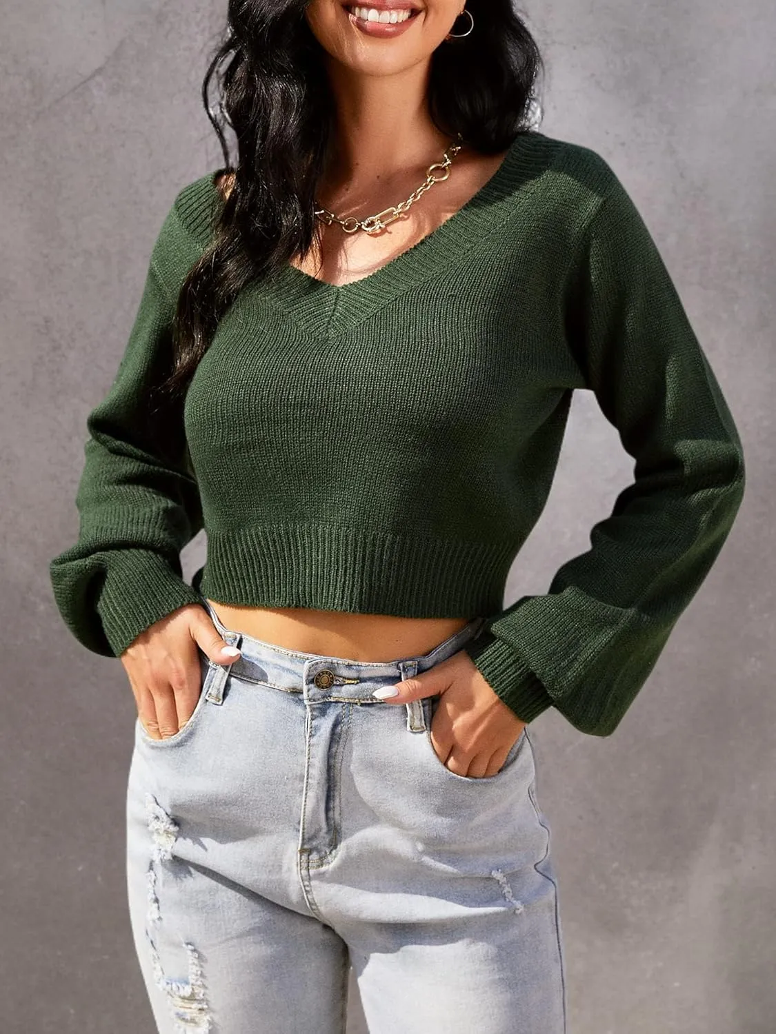 ZAFUL Women's Cropped Sweater V-Neck Long Sleeve Crop Sweater Pullover Jumper Knit Top
