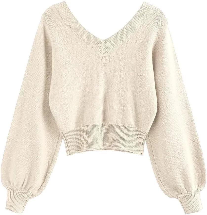 ZAFUL Women's Cropped Sweater V-Neck Long Sleeve Crop Sweater Pullover Jumper Knit Top