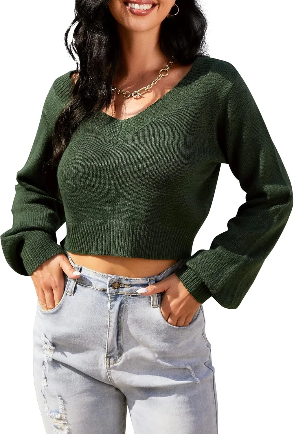 ZAFUL Women's Cropped Sweater V-Neck Long Sleeve Crop Sweater Pullover Jumper Knit Top