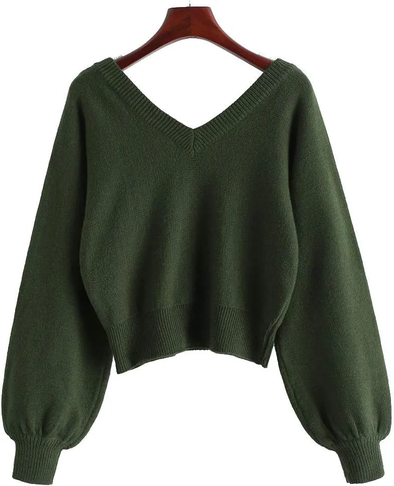 ZAFUL Women's Cropped Sweater V-Neck Long Sleeve Crop Sweater Pullover Jumper Knit Top